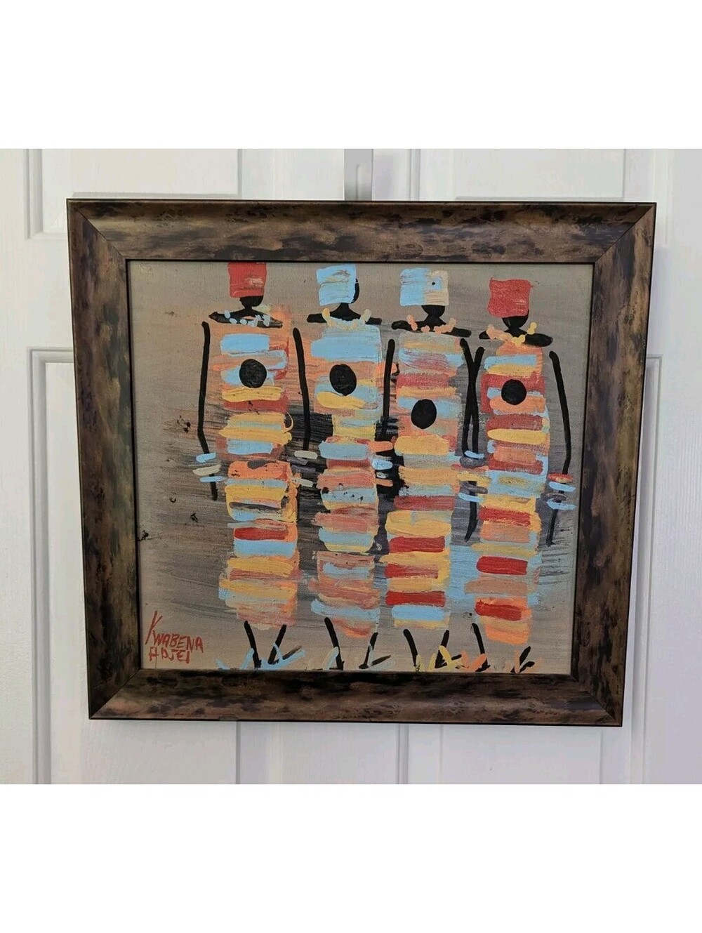 African Ghana Painting Signed Kwabena Adjei Four Women Framed Original Folk Art